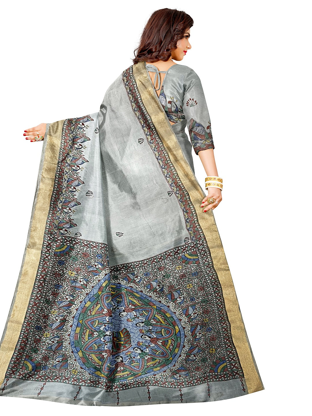 Powder Blue Hand-Painted Madhubani Saree on Chanderi Silk